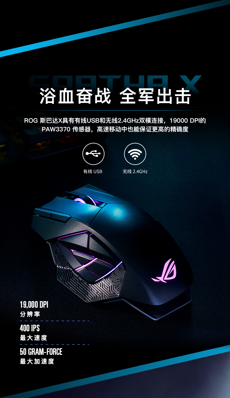 ROG斯巴达X 无线鼠标 游戏鼠标 有线鼠标 双模多侧键鼠标 RGB发光 可换微动 19000DPI 黑色