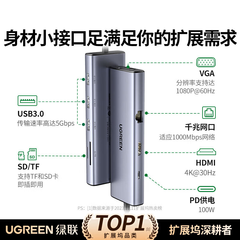 绿联九合一Type-C扩展坞 15600 USB-C转换器雷电分线器HDMI网线转接头HUB 通用MacBook笔记本iPad平板