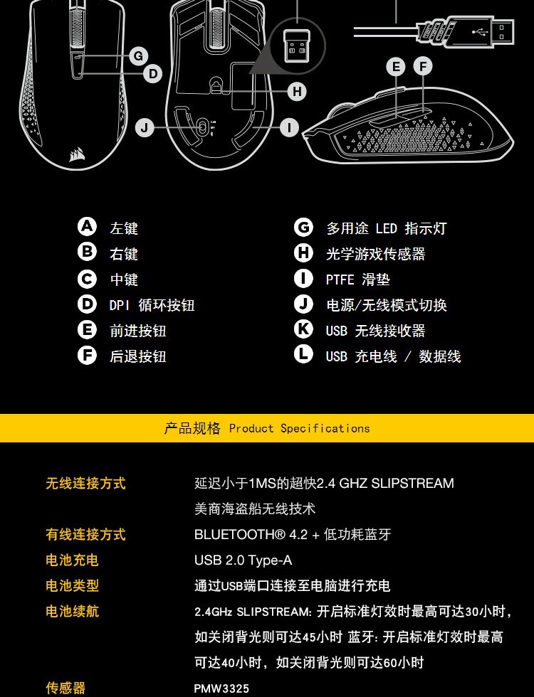 美商海盗船 (USCORSAIR) 鱼叉 HARPOON RGB WIRELESS 无线鼠标 游戏鼠标 RGB背光 可充电 黑色 10000DPI