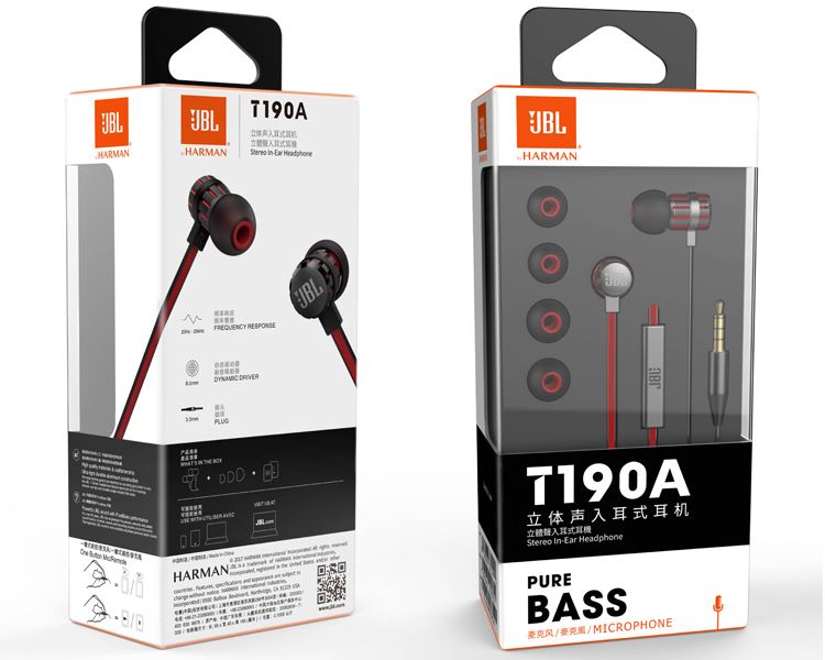 JBL T190A 立体声入耳式耳机 手机耳机 电脑游戏耳机 带麦可通话 苹果安卓通用